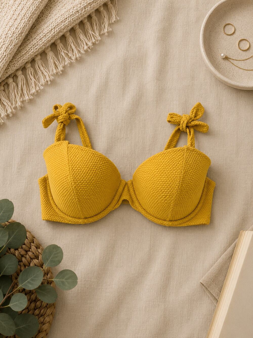 Shade & Shore Textured Underwire Bikini Swim Top Yellow Coastal Resort Size 36D